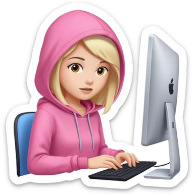 busy girl with computer in pink hoodie  sticker