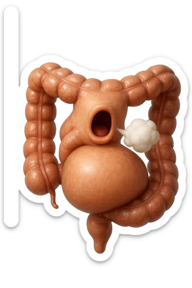 emoji stile iphone di un intestino che ingoia una nuvoletta di aria ben visibile e gli si gonfia la pancia, non fargli il naso, iperrealistico 4k sticker