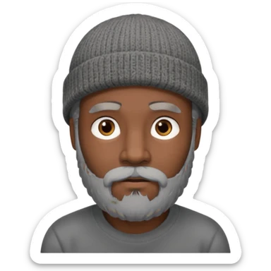A dark-skinned man with a gray beanie, brown eyes, and a dark gray beard, wearing a calm expression. sticker