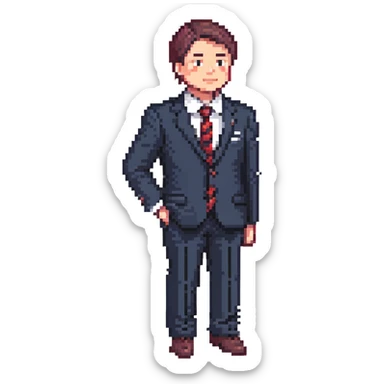 man wearing a dark blue-gray business suit with black horizontal stripes on the arms and legs, white shirt and red tie sticker