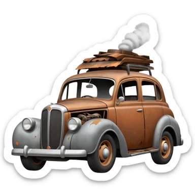 Side view of a broken-down old car with steam from the open bonnet, shattered windows, rusted doors, a flat tire, dents, peeling paint, and a grimy, neglected look. sticker