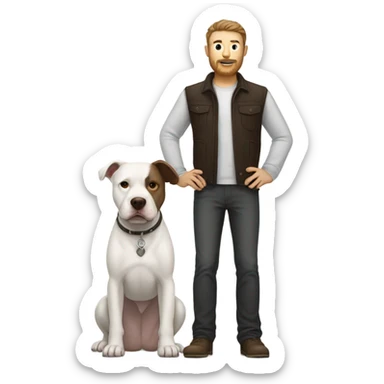 white male with dark brown hair and a lightly scruffy beard standing alongside a white pitbull sticker