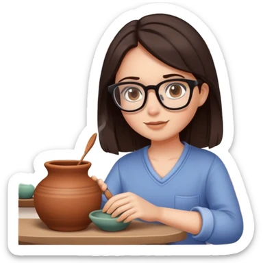 girl with dark brown hair wearing glasses making pottery sticker