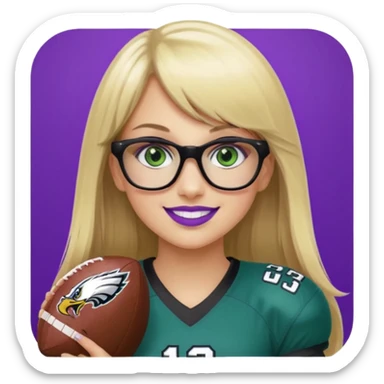 long blonde hair with straight bangs, wearing black rectangle glasses, female, green eyes football player wearing eagles uniform jersey number 33 holding football smiling purple lipstick sticker