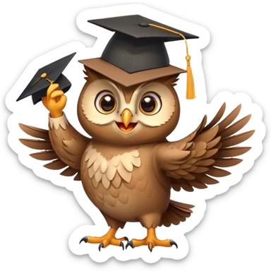 Owl smiling and dancing with graduation hat and diploma in claws sticker