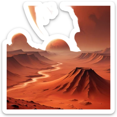 🔥 Cinematic Realistic Mars – A striking, high-resolution image of the Red Planet, featuring its iconic rust-colored terrain, deep canyons, and towering volcanoes. Swirling dust storms can be seen in the thin Martian atmosphere, with sunlight casting long shadows over its desolate, rocky landscape. sticker