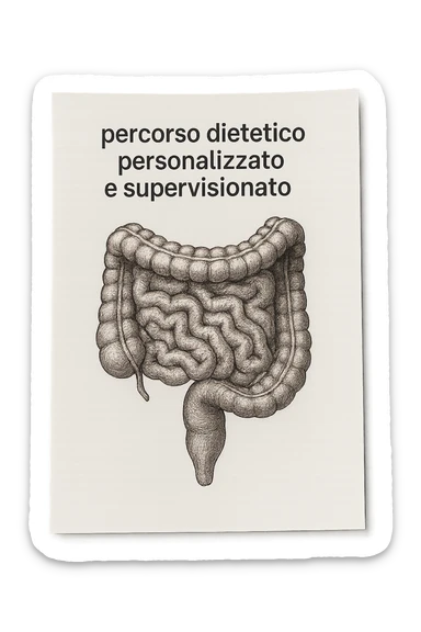 foglio di carta con intestino disegnato sopra e la scritta "percorso dietetico personalizzato e supervisionato", iperrealistico 4k sticker