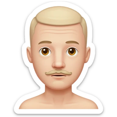 Pale man with short buzz cut, chin beard only and mustache sticker