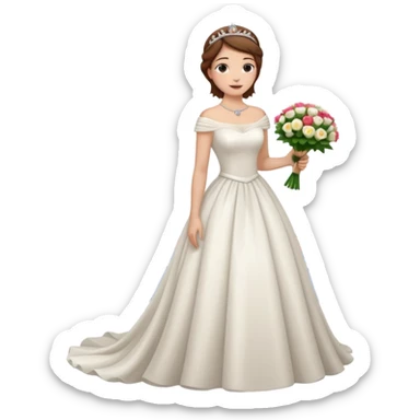 Chica blanca,cuerpo entero, vestido boda cuello barco y , pelo castaño,   1 ramo de flores , pelo recogido con tiara, cola por la parte de atrás del vestido sticker