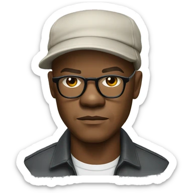 bald samuel l jackson serious wearing shirt and backwards Kangol sticker