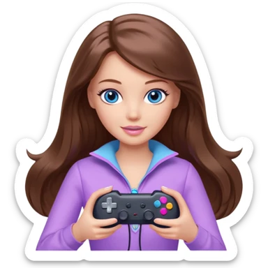 beautiful barbie girl with long brown hair, blue eyes and wearing light purple clothes playing console games with controller sticker