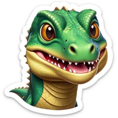 Cinematic Comical Komodo Dragon Lizard Portrait Emoji, Head tilted dramatically with an exaggeratedly shocked expression, featuring a robust, scaled body with wide, comically expressive eyes full of humorous disbelief, Simplified yet hilariously expressive features, highly detailed, glowing with a slightly sassy glow, high shine, dramatic yet playful, stylized with an air of quirky exotic attitude, soft glowing outline, capturing the essence of a meme-worthy Komodo dragon that looks ready to side-eye its way into viral fame! sticker