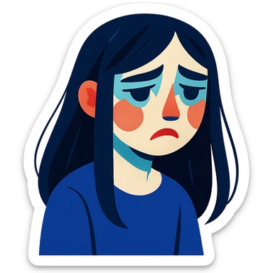 pale girl with long black hair, sadness, emotional, stylized vibrant toon style sticker