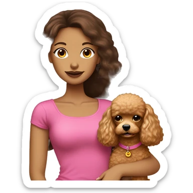 Long straight hair brunette girl in pretty pink strapples top holding a golden toy poodle sticker