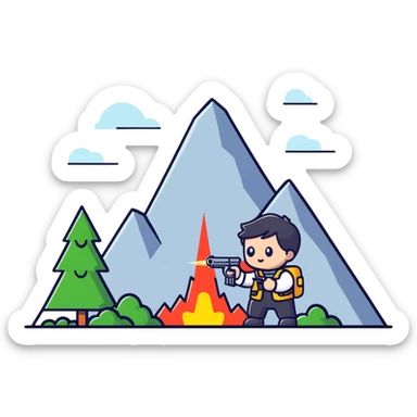 Cute tiny character with a toy gun shooting at a mountain with little figures sticker