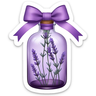 A vintage glass bottle, filled with delicate lavender stems in varying shades of soft lilac and deep aubergine, is adorned with a hand-dyed violet ribbon tied into a gentle bow. The light filters through the dusty glass, casting shadows of lavender sprigs onto the lace-covered surface, as if capturing a fleeting moment of serenity.






 sticker