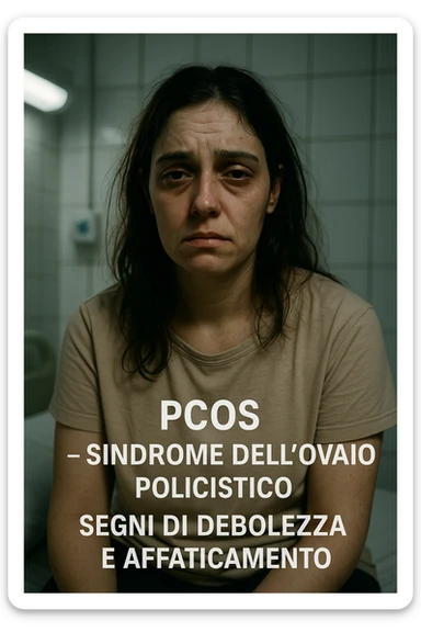 Donna con PCOS, aspetto debilitato e stanco, segni visibili di sofferenza, ambiente clinico, luci drammatiche, dettagli realistici, didascalie in italiano, verticale 2:3 sticker