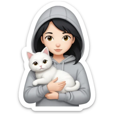 black hair girl wear hoodie with white cat sticker