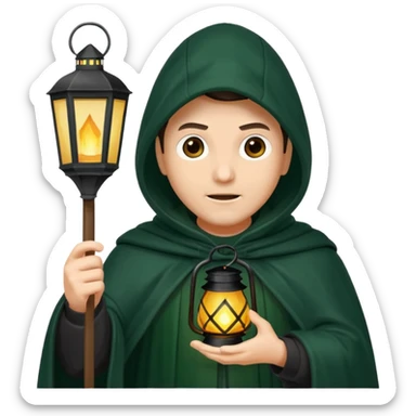 traitor tv show, person wearing dark green cloak with hood up who looks evil and is holding up a lantern sticker