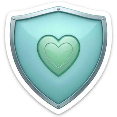 Simple shield icon with a small heart in the center, pastel blue and green, symbolizing protection from stress. sticker