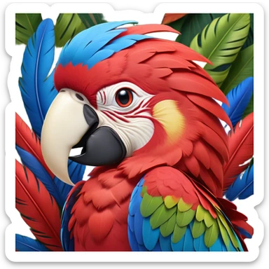 Cinematic Realistic Cute Yawning Macaw Portrait Emoji, Head tilted slightly with a dramatic, wide-open yawn, showcasing a soft, downy arrangement of vivid scarlet and blue feathers with gently drooping features and half-closed, drowsy eyes, rendered with lifelike feather detail and natural lighting, high shine, relaxed yet expressive, styled with a dash of tropical whimsy, soft glowing outline, capturing the essence of a sleepy yet affectionate macaw that appears ready to rest its wings in a quiet, enchanted moment! sticker