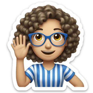 caucasian, curly brunette girl, eyes olive in blue and white striped shirt and blue glasses, waving and smiling sticker