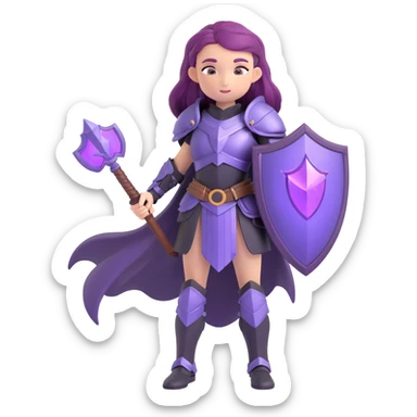 mysterious warrior girl with flowing purple hair, dressed in black armor, with a magical shield, emoji style sticker