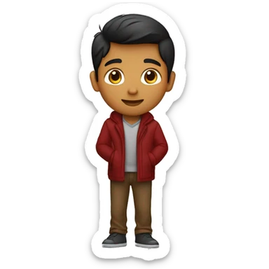 A indian brown boy wearing dark red coat pant and putted his one led on another and sitted on a sofa and foldind his arms and looking sidewards sticker