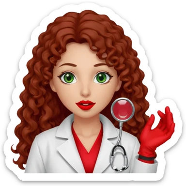 Lilith symbol sexy evil woman. She has green eyes.  had brown long curly hair.  evil surgeon kills with scalpel wears red sexy doctor coat with red mouth cover red gloves. Covers nose, neck  and mouth with Muslim red berka sticker