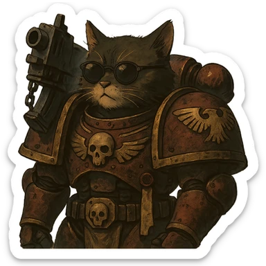 cat in sunglasses, Warhammer 40,000 inspired, dramatic ghibli style illustration sticker