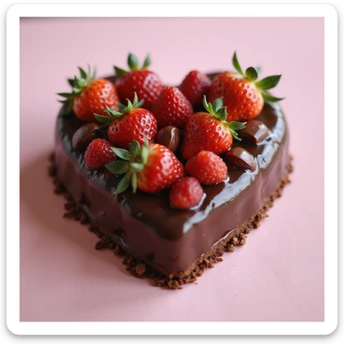 realistic heart-shaped strawberry chocolate cake, photorealistic style sticker