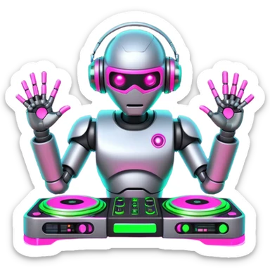 Robot DJ with bright glowing neon pink and neon green lights around turntables, 8k sticker
