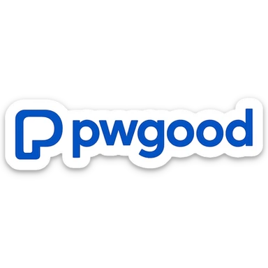 modern logo for 'pwgood' with bold sans-serif lettering, blue and white color scheme sticker
