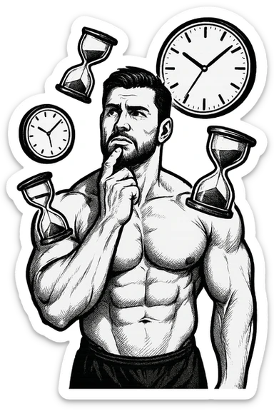 bodybuilder pensieroso che si tiene l'indice sul mento, alle sue spalle fluttuano clessidre e orologi da muro sticker