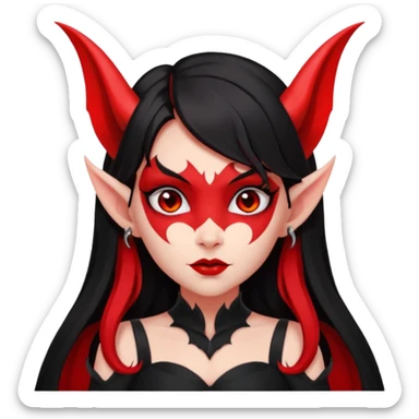 demon girl, skin red , black long hair, small horns, pointed ears, bat wing, black open-back dress, bold black outlines, red+black palette sticker