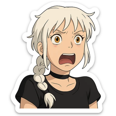 shocked young female with gold yellow eyes, white hair, long braid, punk gothic style, expressive face, black choker sticker