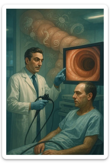 A medical cinematic illustration showing a patient undergoing a colonoscopy in a modern clinical setting. On the monitor, the endoscopic camera shows smooth, healthy-looking intestinal mucosa — clean and without evidentiary signs. But layered symbolically in the background (or faded into the intestinal wall), tiny parasitic organisms like protozoa and helminths are subtly depicted hiding between folds, or embedded deeper in tissues, undetectable by the surface-only scope. The doctor gestures with confidence, while the patient remains unaware that the test might not reveal the true underlying infection. The scene has cool clinical lighting, shallow depth of field, and realistic anatomy, overlaid with symbolic, almost ghost-like imagery of parasites in italiano sticker