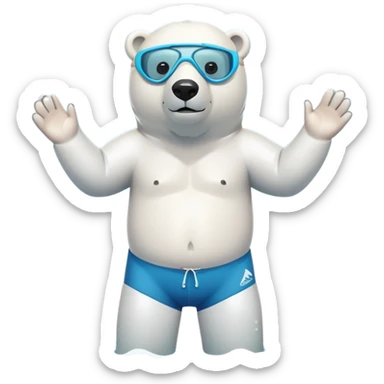 friendly anthropomorphised polar bear standing in a puddle of water, wearing loose board shorts, scuba mask over eyes, inflatable swimming armbands sticker