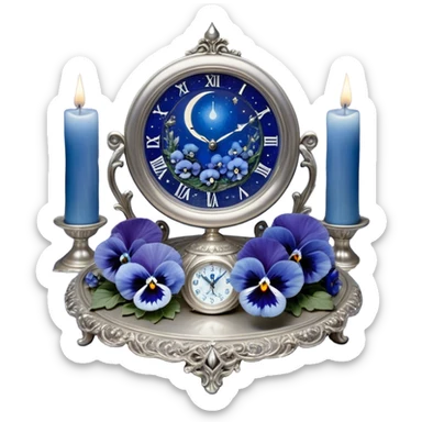 An enchanting, mystical setting where blue pansies, tinged with streaks of light blue, bloom beneath a radiant silver crescent moon. A pearl-colored candle stands on an ornate silver plate, its wax melting into swirling patterns resembling planetary orbits. The background features an astrological clock, its delicate hands tracing cosmic cycles as faint zodiac constellations shimmer against a twilight sky. Floating celestial charts inscribed with ancient symbols weave through the air, illuminated by the soft blue glow of distant stars. A mystical aura surrounds the scene, as if whispering secrets of destiny and the universe’s grand design. sticker