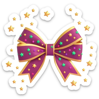 sparkly burgundy bow with gold outline and stars, glowing neon effect sticker