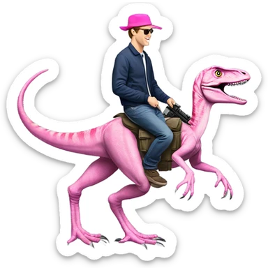 Mark zuckerburg riding a velociraptor with a machine gun with a pink hat that says “gay rights” sticker