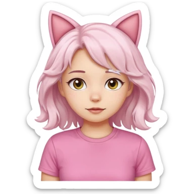 girl with wavy white hair and cat ears wearing pink tshirt sticker