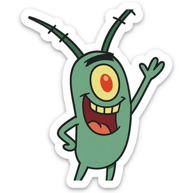 Plankton from Spongebob, waving, happy, green, one eye, cartoon style sticker