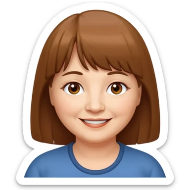 60 yr old woman, very small brown eyes, long straight brown hair, bangs, chubby sticker