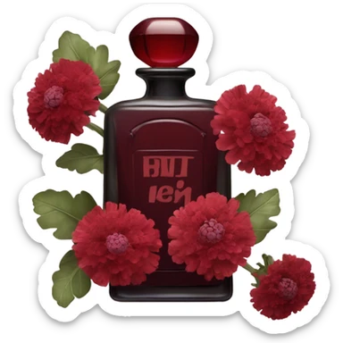 Dark red vintage French style perfume bottle with red scabiosa flowers sticker