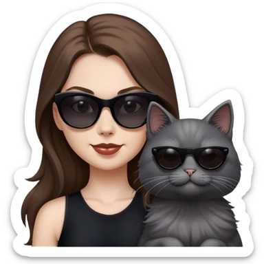 White woman with long brown hair wearing dark sunglasses and a black dress. She is smirking. next to her is a fluffy grey cat who is also wearing dark sunglasses sticker