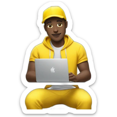 Dark-skinned guy in yellow outfit, sporting a yellow Nike cap, and using a yellow computer. 🌟🧢💻 sticker