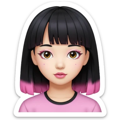 Girl with black hair but pink bangs and has a K-pop global pop star face sticker