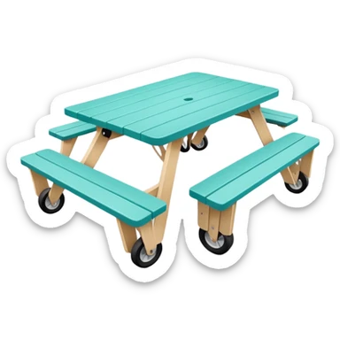rectangular picnic table with benches, soft teal color, straight vertical legs, wheels underneath, flat wood-style silhouette, clean geometry, minimal shading, theatrical prop sticker