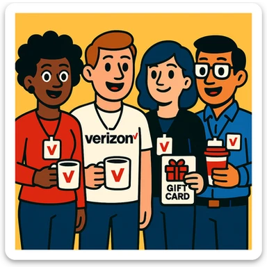 cartoon style group of Verizon employees with badges and fun perks, like coffee mugs and gift cards sticker